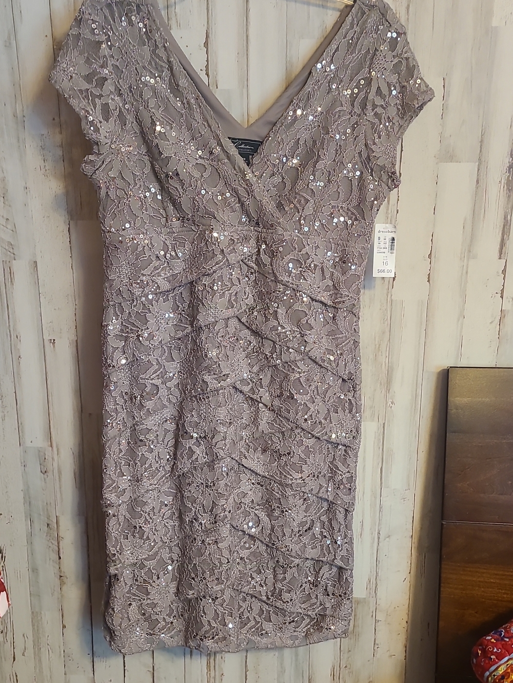 dressbarn Taupe Lace Sequin V-Neck Dress